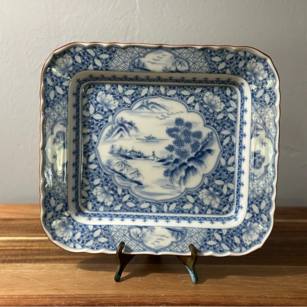Antique Blue and White Scenic Porcelain Serving Platter - Picture 2 of 9